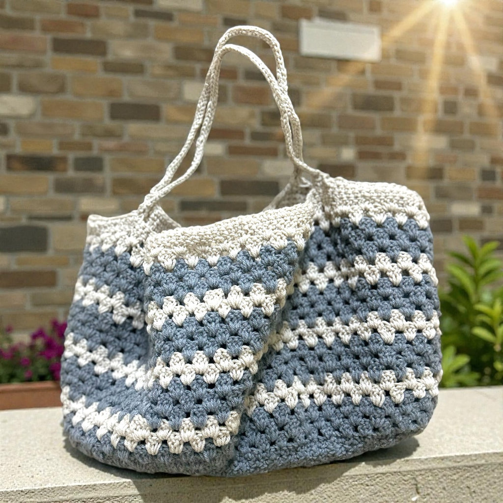 Hand crocheted grey and cream grocery bag