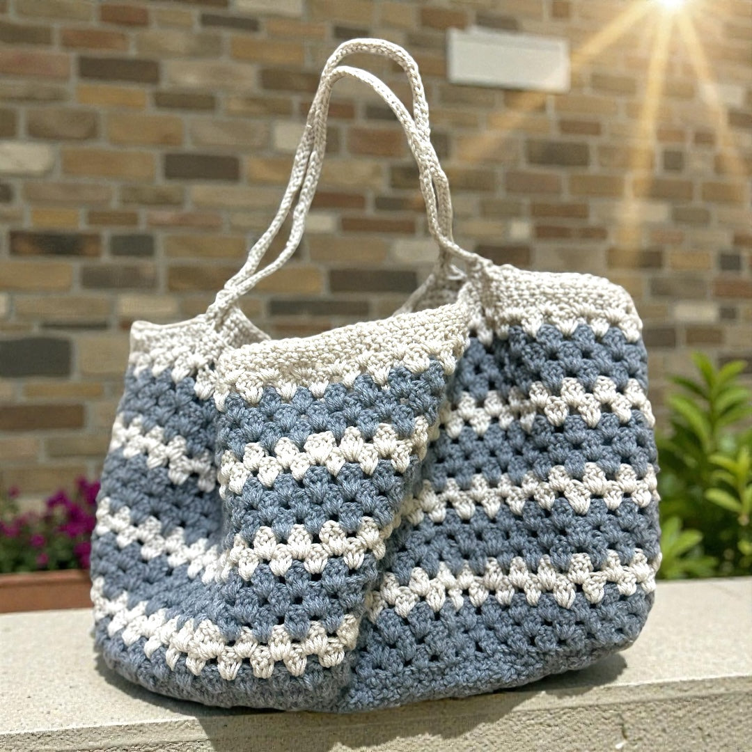Hand crocheted grey and cream grocery bag