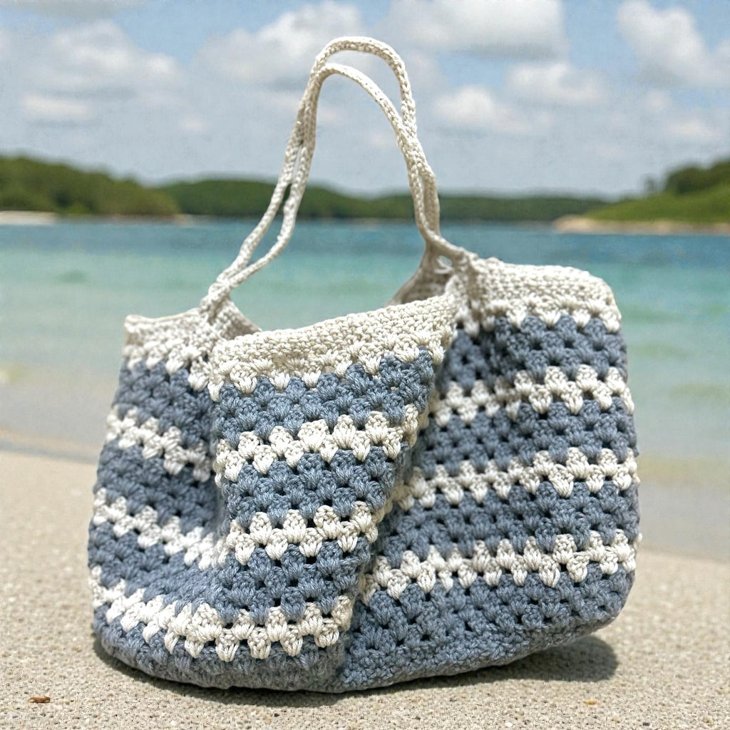 Hand crocheted grey and cream grocery bag