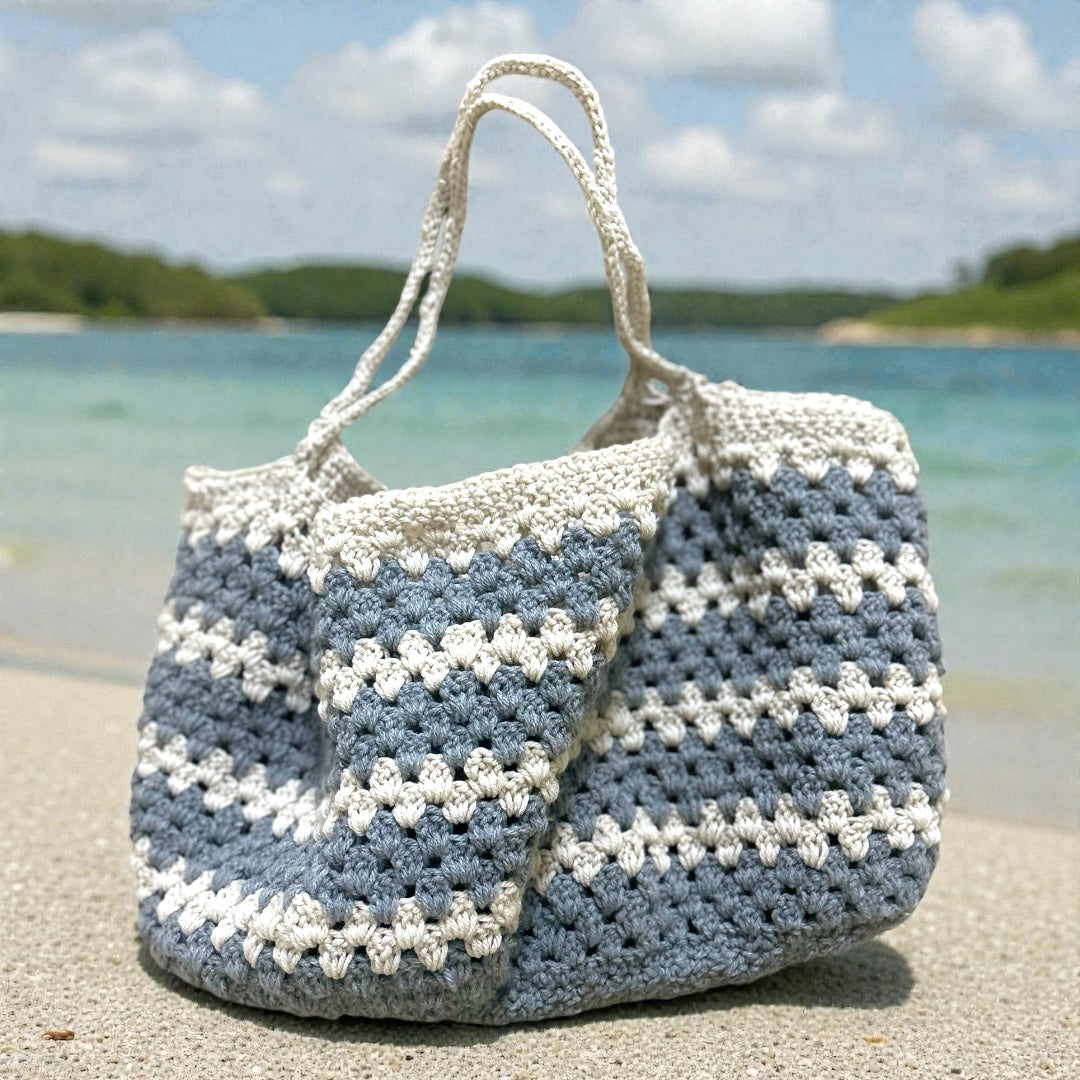 Hand crocheted grey and cream grocery bag