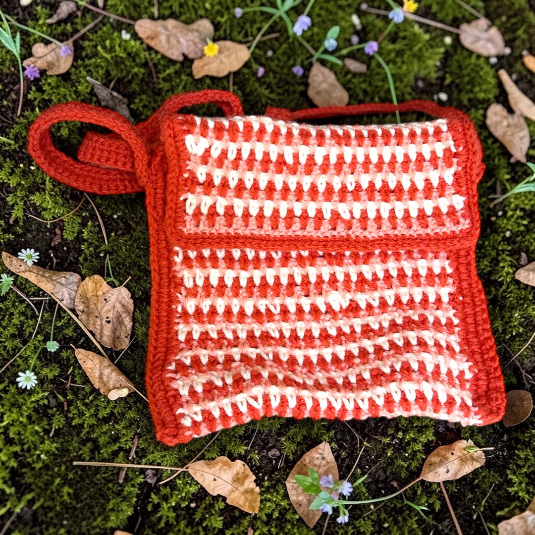 Hand crocheted red and white sling bag
