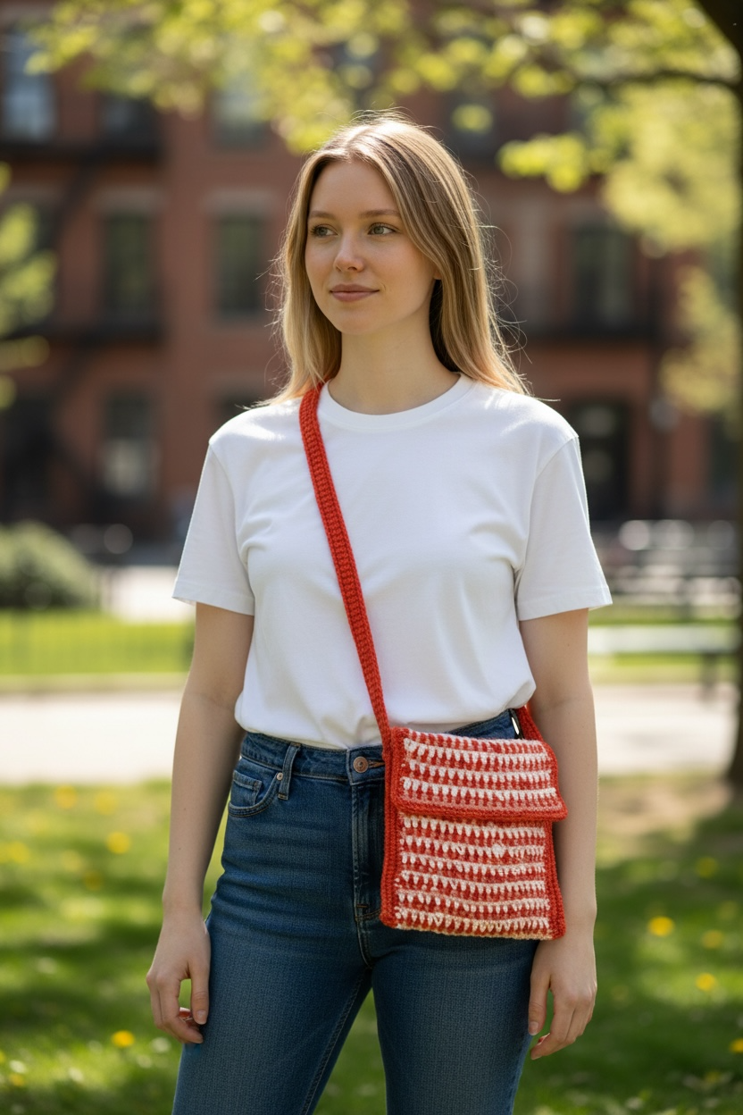 Hand crocheted red and white sling bag
