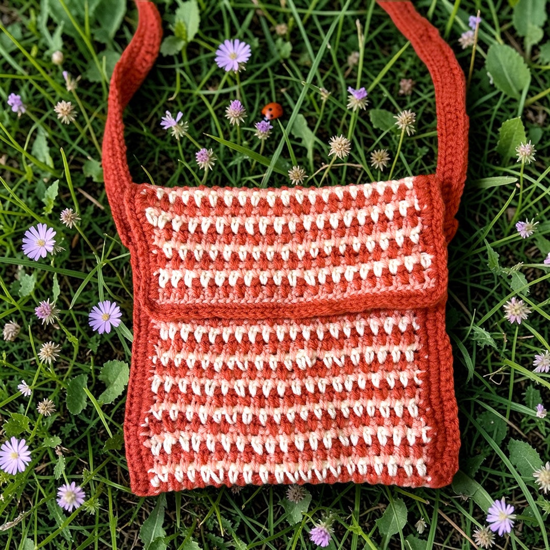 Hand crocheted red and white sling bag